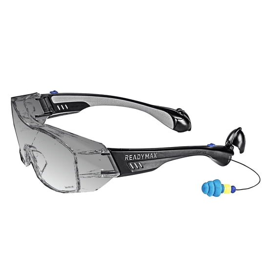 Sound Shield Safety Fit-Over Glasses, Style Black Frame, Grey Lens w/Built in Hearing Protection