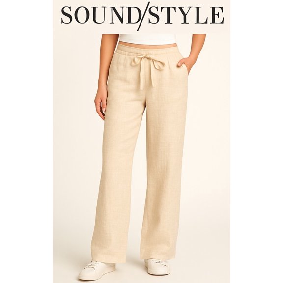 Sound Style Women's Linen Pants, Wide Leg, Tan, 2X-Large