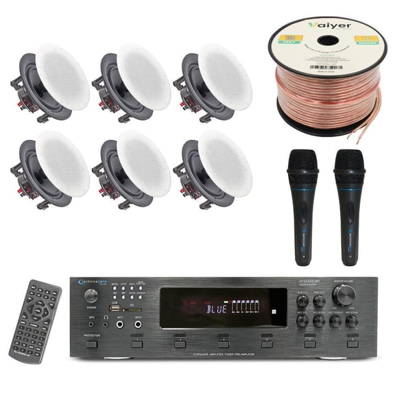 Technical Pro Sound System Kit with 6000W 6 Channel Bluetooth Amplifier, 6 Frameless Ceiling Speakers, 2 Wired Microphones and 250 ft Speaker Wire