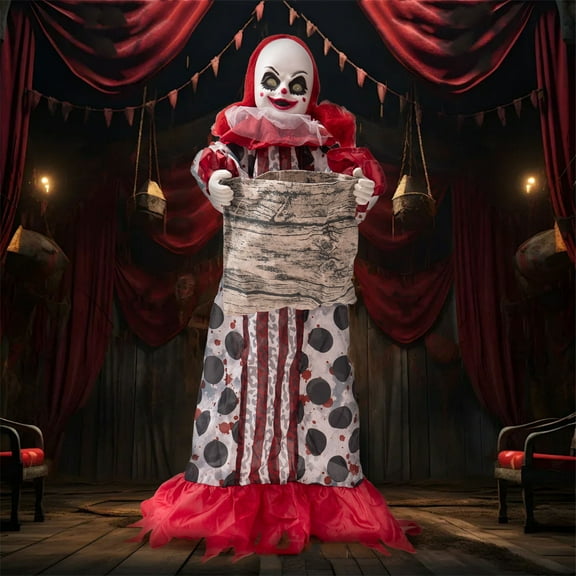 Sound Touch Activated Halloween Animatronics Clown with Trick or Treat Bag,37.4" Scary Standing Circus Clown Decor with Light Eyes and Sounds for Yard,Patio,Haunted House,Animated Clown Girl Decor