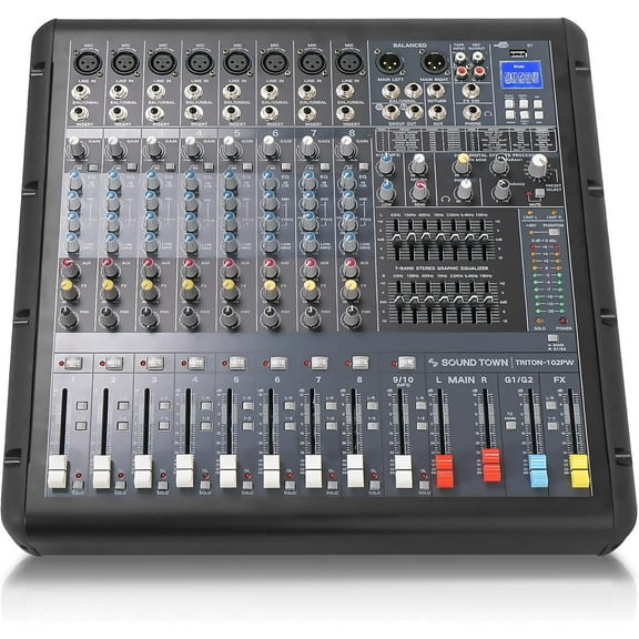 Sound Town 10-Channel 2x800W Powered Mixer w/ 2 Bus, DSP effects, USB MP3, Dual 7-band EQ, Phantom Power (TRITON-102PW)