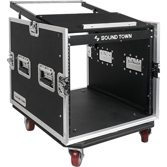 Sound Town 10U PA DJ Pro Audio ATA Rack/Road Case with 14U Slant Mixer Top, 25 Rackable Depth and Casters, Pro Tour Grade (STMR-DE10UW)