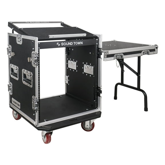 Sound Town 12U PA DJ Pro Audio Rack/Road ATA Case with 11U Slant Mixer Top, Locking Drawer, Side Table, 20 Rackable Depth and Casters - Pro Tour Grade (STMR-12TD2)