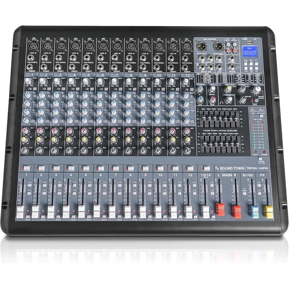 Sound Town 14-Channel 2x800W Powered Mixer w/ 2 Bus, DSP effects, USB MP3, Dual 7-band EQ, Phantom Power (TRITON-142PW)