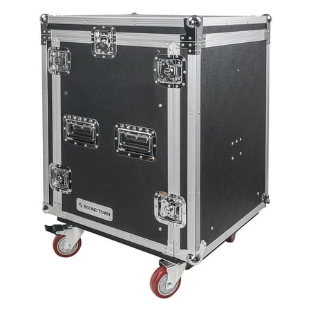 Sound Town 14U PA DJ Pro Audio Rack/Road ATA Case with 11U Slant Mixer Top, Locking Drawer, 20’’ Rackable Depth and Casters - Pro Tour Grade (STMR-14D3)