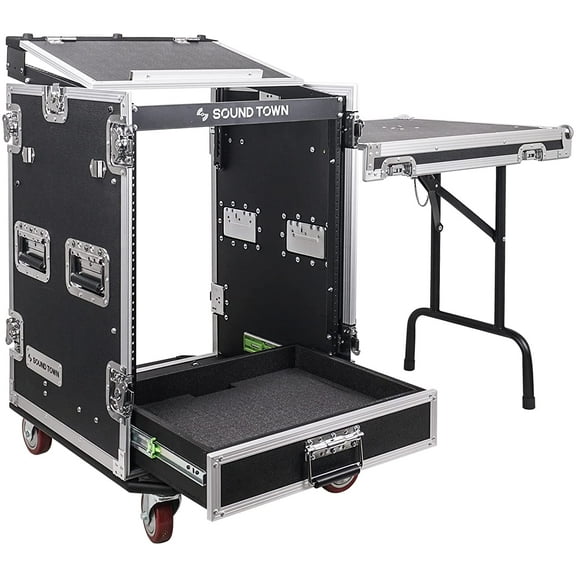 Sound Town 14U PA DJ Pro Audio Rack/Road ATA Case with 2U Drawer, 11U Slant Mixer Top, DJ Work Table, Casters, Pro Tour Grade (MR-DR14UT)
