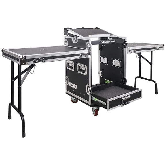 Sound Town 14U PA DJ Pro Audio Rack/Road ATA Case with 2U Drawer, 11U Slant Mixer Top, Two DJ Work Tables, Casters, Pro Tour Grade (MR-DR14UT2)