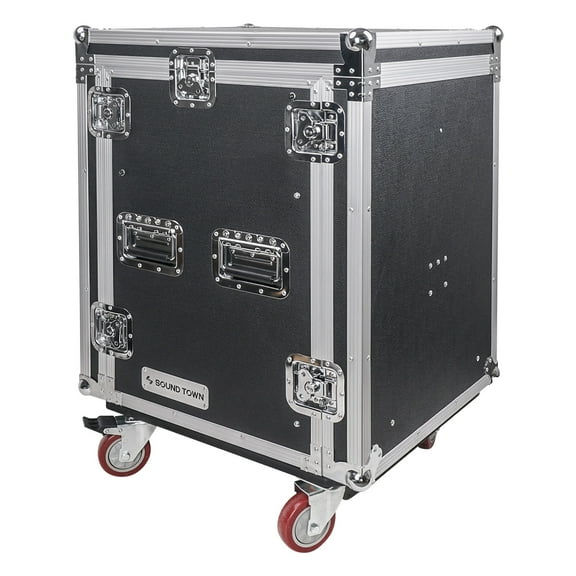 Sound Town 14U PA DJ Rack/Road Case with 11U Slant Mixer Top, 20 Rackable Depth and Casters, 14-Space ATA Case, Pro Tour Grade (STMR-14UW)