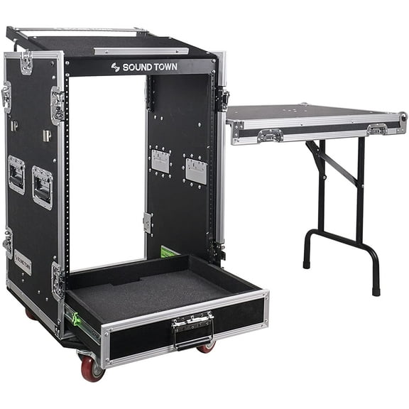 Sound Town 16U PA DJ Pro Audio Rack/Road ATA Case with 2U Drawer, 11U Slant Mixer Top, DJ Work Table, Casters, Pro Tour Grade (MR-DR16UT)