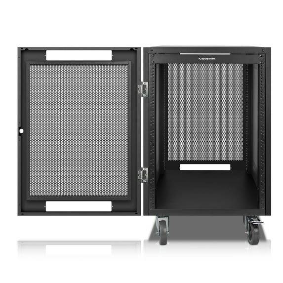 Sound Town 16U Universal Steel Rack, w/Mesh Doors, Locking Casters, Vented Side Panels for Audio Video, Server and Network Equipment (STRK-M16UWD)