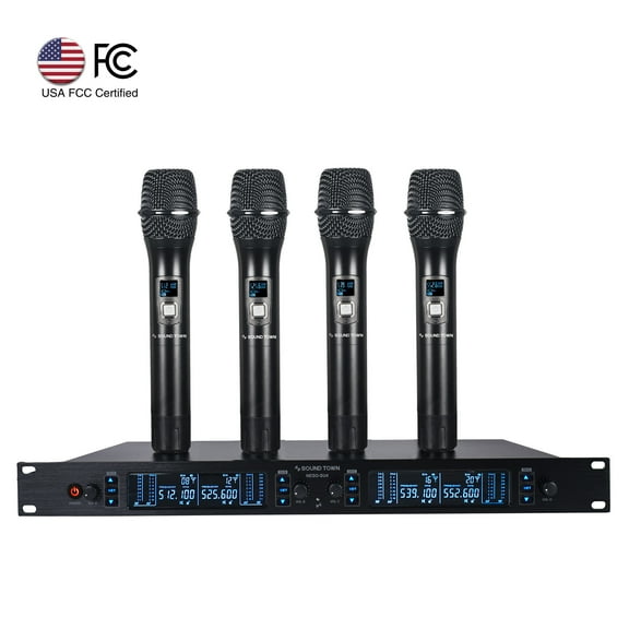 Sound Town 200 Channels Metal UHF Wireless Microphone System with Rack Mountable Metal Receiver and 4 Handheld Mics, for Church, School, Outdoor Wedding, Meeting, Party and Karaoke