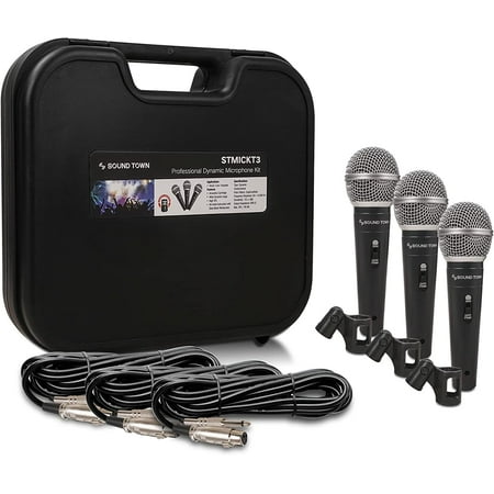 Sound Town 3-Piece Professional Handheld Dynamic Microphone Kit with Carry Case, Mic Clips, 26ft XLR to 1/4" Audio Cables (STMICKT3)