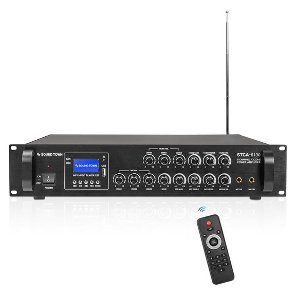 Sound Town 3-Zone 6-Ch x 130W Low-Impedance Class-AB Commercial Power Amplifier with Bluetooth for Restaurants, Bars, Pubs, Schools, Warehouses (STCA-6130)