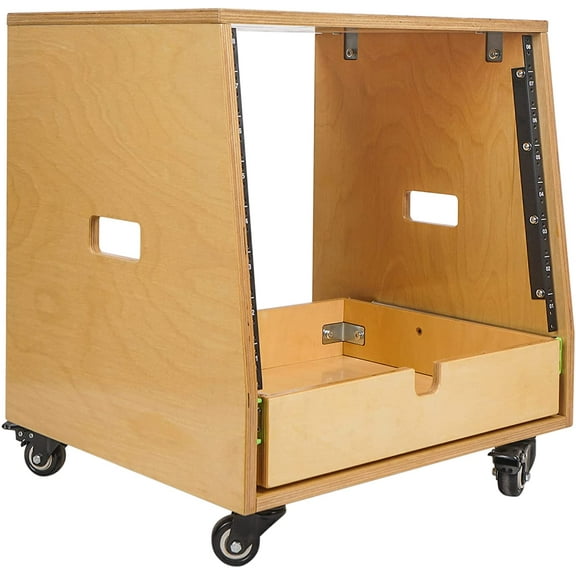 Sound Town 8U DIY Slanted Studio Rack with 8U Rack Space, Extra 2U Drawer, Plywood, Rubber Feet, Casters, Golden Oak (SDRK-8TD2)