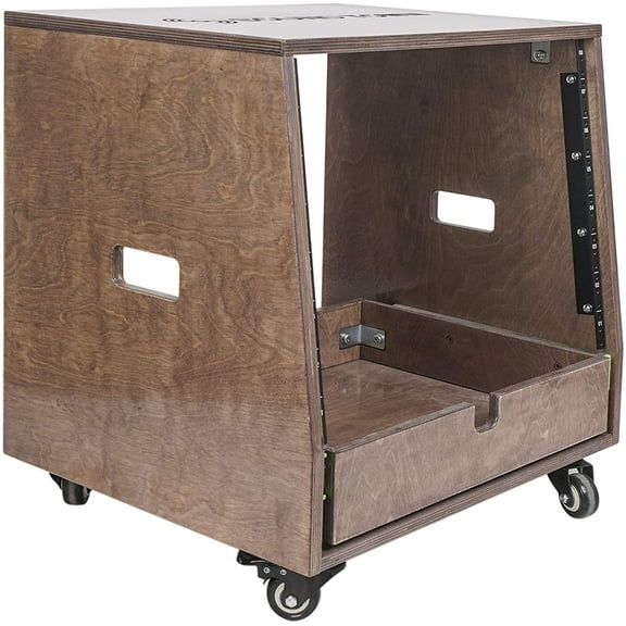 Sound Town 8U DIY Slanted Studio Rack with 8U Rack Space, Extra 2U Drawer, Plywood, Rubber Feet, Casters, Weathered Gray (SDRK-8TBD2)