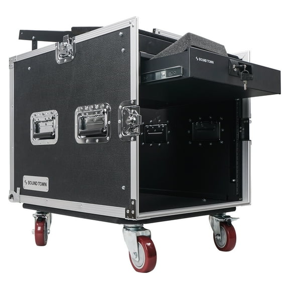 Sound Town 8U PA DJ Pro Audio Rack/Road ATA Case with 11U Slant Mixer Top, Locking Drawer, 20 Rackable Depth and Casters - Pro Tour Grade (STMR-8D2)