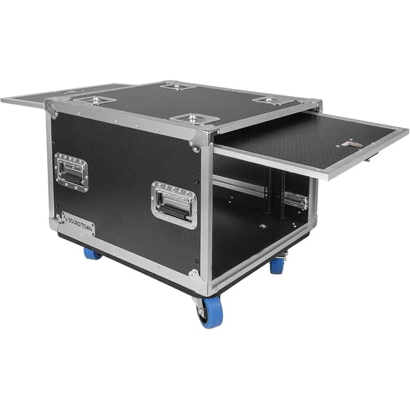 Sound Town 8U Slam Rack Road Case with Sliding Doors, Adjustable Rack Depth, Casters, 12mm PVC-Laminated Plywood, for PA/DJ Gear (STPR-8)