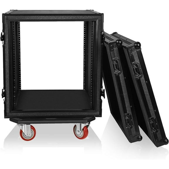 Sound Town Black Series Shock Mount 12U ATA Plywood Rack Case with 21" Rackable Depth, All-Black Anodized Hardware and Casters, Pro Tour Grade (STRC-SPB12UW)
