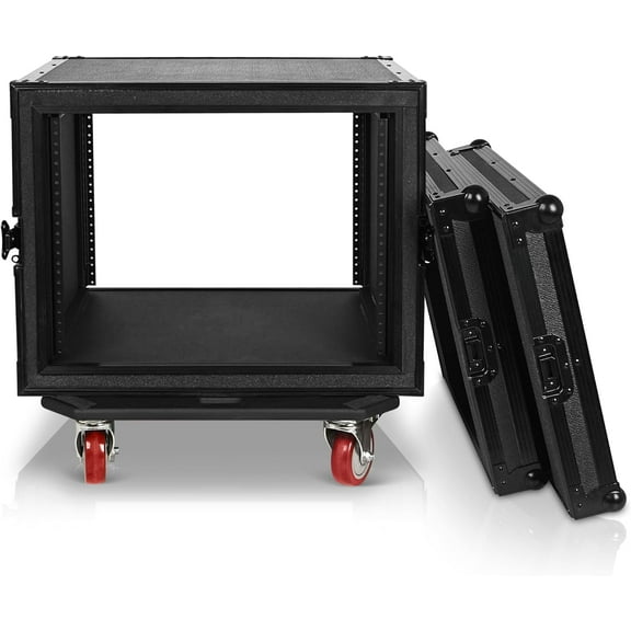 Sound Town Black Series Shock Mount 8U ATA Plywood Rack Case with 21" Rackable Depth, All-Black Anodized Hardware and Casters, Pro Tour Grade (STRC-SPB8UW)