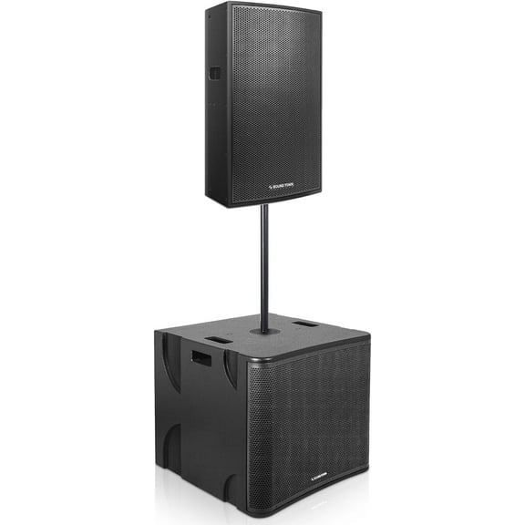 Sound Town CARME Series Powered PA Speaker and Subwoofer Combo Set with One 15 PA Speaker, One 18 Subwoofer, One Subwoofer Pole, Birch Plywood, Black