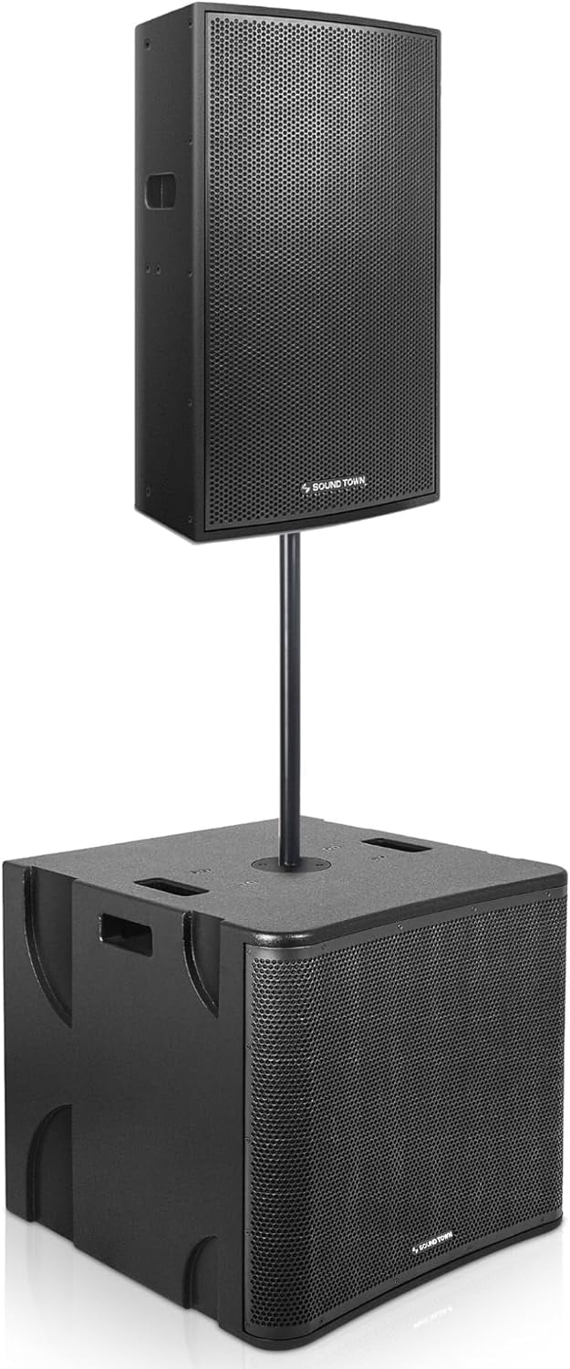 Sound Town CARME Series Powered PA Speaker and Subwoofer Combo Set with One 15” PA Speaker, One