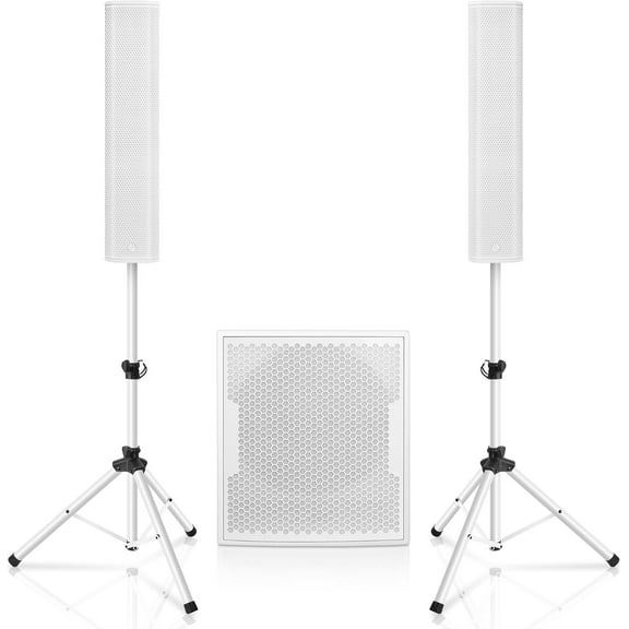 Sound Town CARPO Series 1700W Subwoofer and Line Array Speaker System with One Powered 18-inch Subwoofer, Two Passive Column Line Array Speakers, Birch Plywood, White (PS-18SWP6W2.1)
