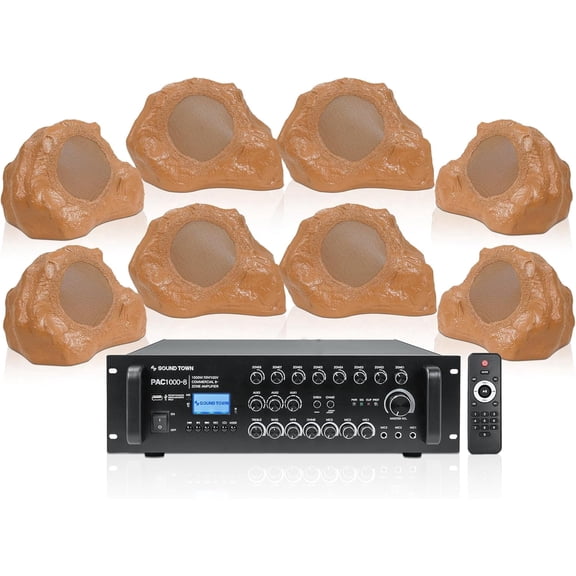 Sound Town Commercial Residential Rock Speaker+Amplifier Set, with One 8-Zone 70V/100V Amplifier with Bluetooth, 8 x 8-Inch Rock Speakers, Brown (PAC1000X8RK82BR)