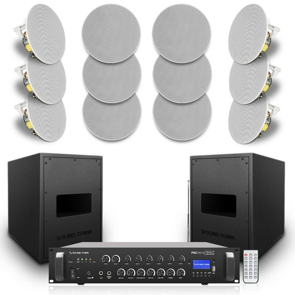 Sound Town Commercial Restaurant Audio Set, with One 6-Zone 70V/100V Amplifier with Bluetooth, 12 x Two-Way 6.5-Inch in-Ceiling Speakers, Two Dual 8-Inch Subwoofers (P18X12C6N2S28)
