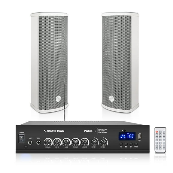 Sound Town Commercial Restaurant Bluetooth Amplifier + Column Speaker Set, with One 2-Zone 70V/100V Amplifier with Bluetooth, 2 x All-Weather Dual 5-Inch Column Speakers, Grey (PAC80X2CL25G)