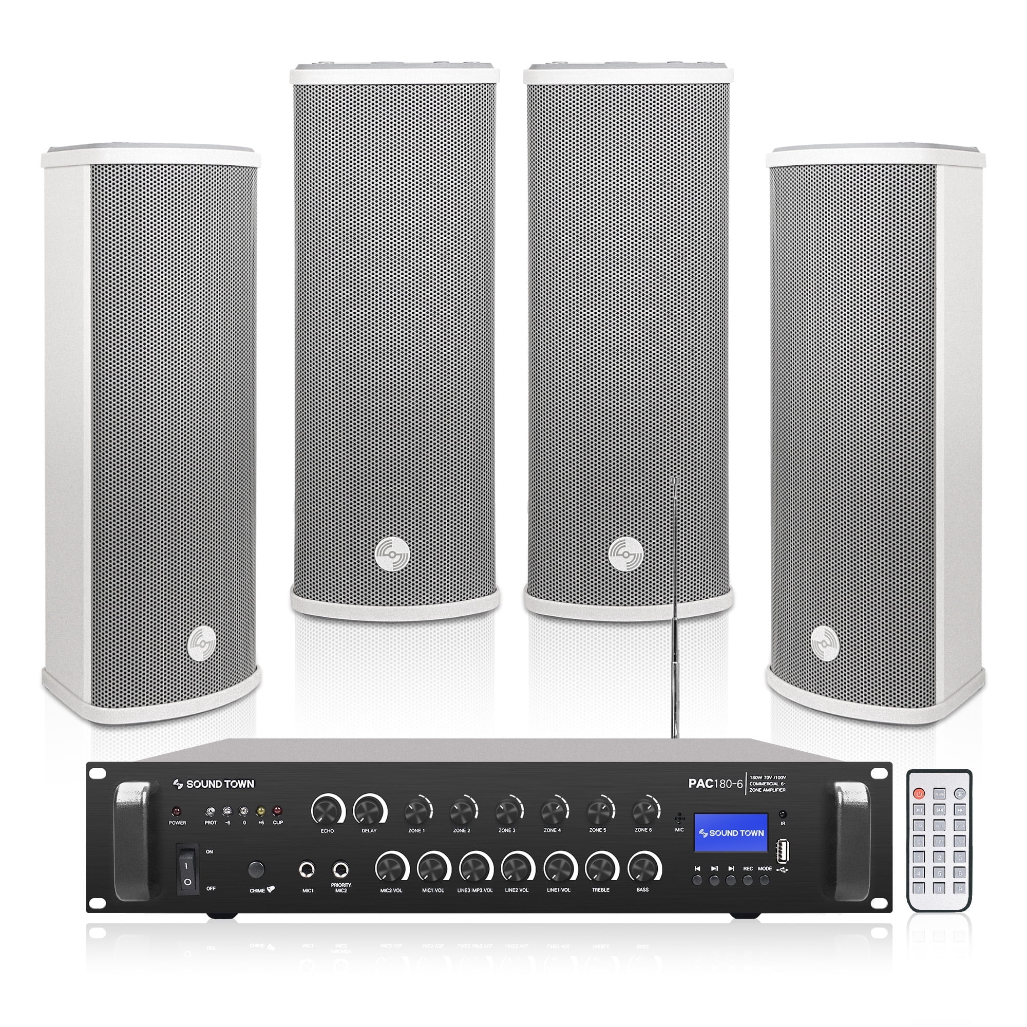 Sound Town Commercial Restaurant Bluetooth Amplifier + Column Speaker Set, with One 6-Zone 70V/100V Amplifier with Bluetooth, 4 x All-Weather Dual 5-Inch Column Speakers, Grey (PAC180X4CL25G)
