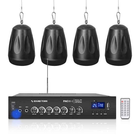 Sound Town Commercial Restaurant Bluetooth Amplifier + Pendant Speaker Set, with One 2-Zone 70V/100V Amplifier with Bluetooth, 4 x All-Weather 4-Inch Pendant Speakers, Black (PAC80X4PD4B)