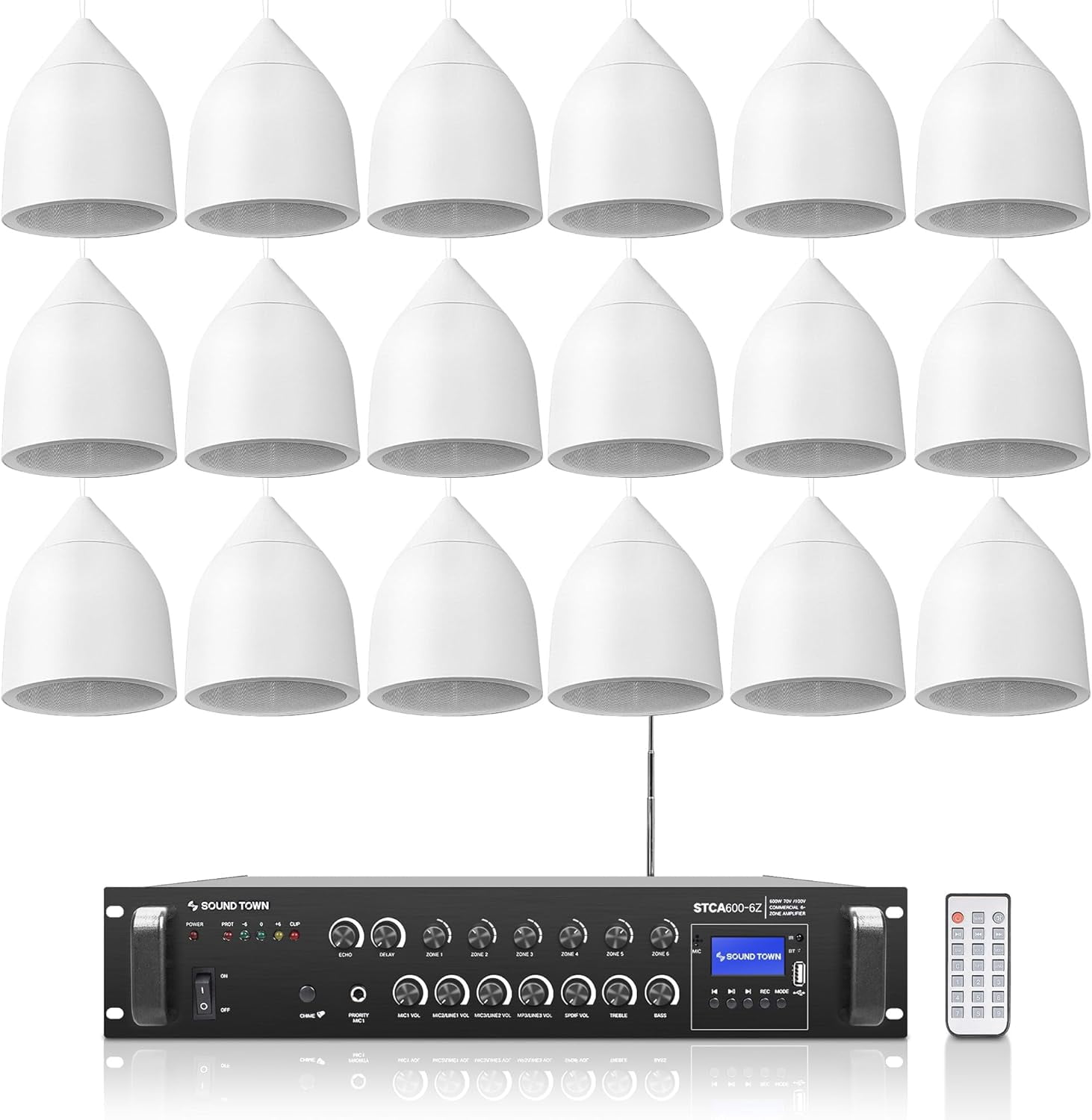 Sound Town Commercial Restaurant Bluetooth Amplifier + Pendant Speaker Set, with One 6-Zone 70V/100V Amplifier with Bluetooth, 18 x Weather-Resistant 6.5-Inch Pendant Speakers, White (STCA600X18PD6W)