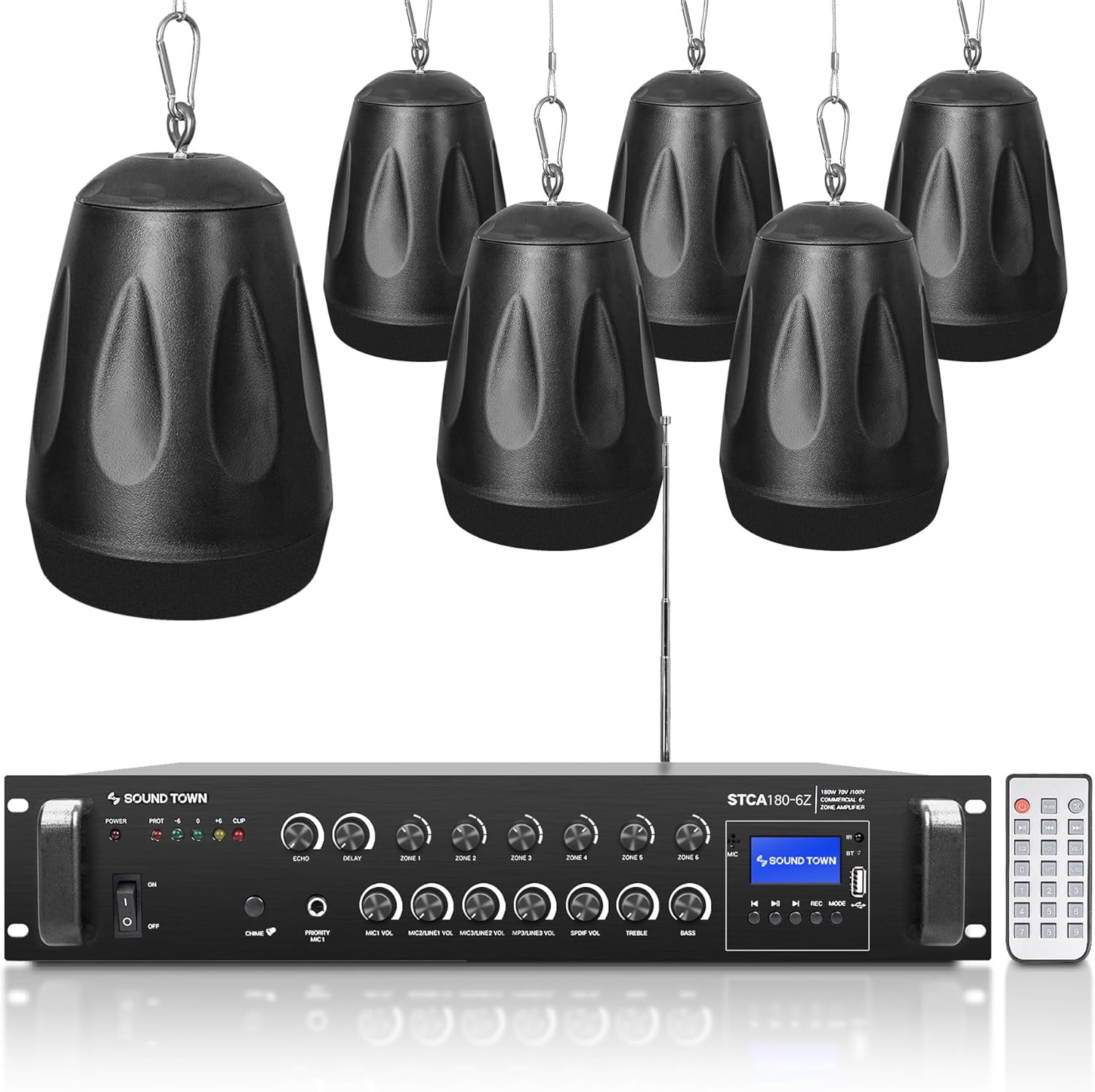 Sound Town Commercial Restaurant Bluetooth Amplifier + Pendant Speaker Set, with One 6-Zone 70V/100V Amplifier with Bluetooth, 6 x All-Weather 4-Inch Pendant Speakers, Black (STCA180X6PD4B)