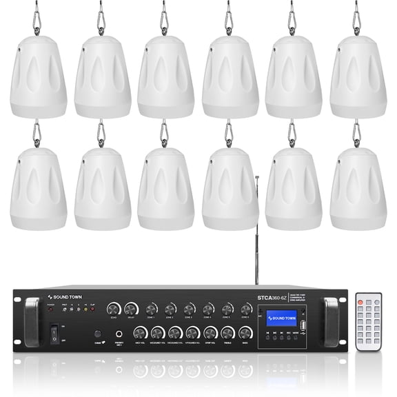 Sound Town Commercial Restaurant Bluetooth Amplifier + Pendant Speaker Set, with One 6-Zone 70V/100V Amplifier with Bluetooth, 12 x All-Weather 4-Inch Pendant Speakers, White (STCA360X12PD4W)