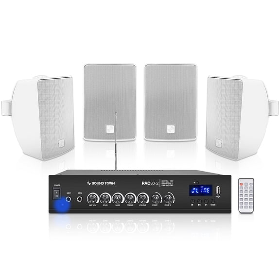 Sound Town Commercial Restaurant Bluetooth Amplifier + Surface-Mount Speaker Set, with One 2-Zone 70V/100V Amplifier with Bluetooth, 4 x 4.5-Inch Surface-Mount Speakers, White (PAC80X4TV4W)