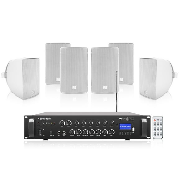 Sound Town Commercial Restaurant Bluetooth Amplifier + Surface-Mount Speaker Set, with One 6-Zone 70V/100V Amplifier with Bluetooth, 6 x 6.5-Inch Surface-Mount Speakers, White (PAC180X6TV6W)