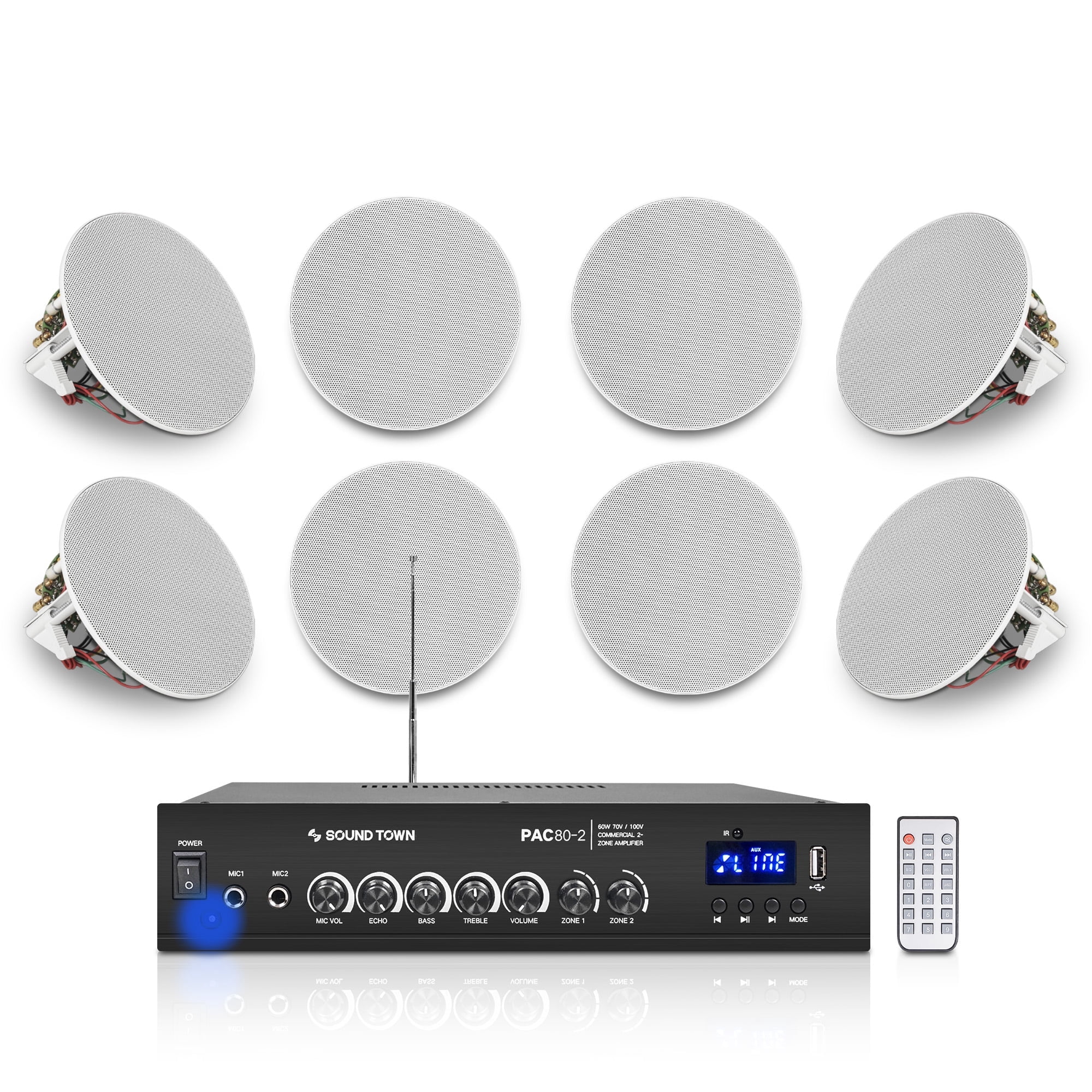 Sound Town Commercial Restaurant Bluetooth Amplifier + in-Ceiling Speaker Set, with One 2-Zone 70V/100V Amplifier with Bluetooth, 8 x Two-Way 4.5-Inch in-Ceiling Speakers, White (PAC80X8CS4N)