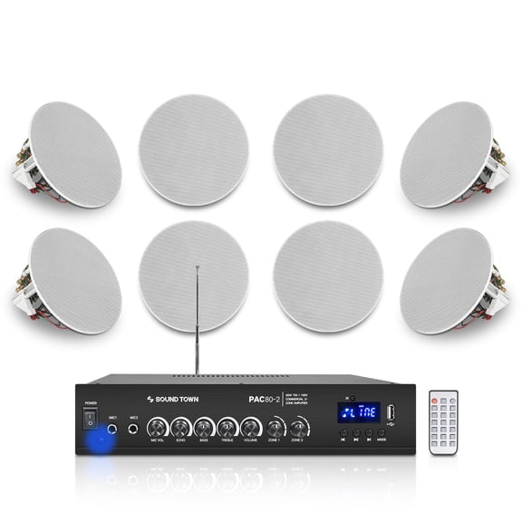 Sound Town Commercial Restaurant Bluetooth Amplifier + in-Ceiling Speaker Set, with One 2-Zone 70V/100V Amplifier with Bluetooth, 8 x Two-Way 4.5-Inch in-Ceiling Speakers, White (PAC80X8CS4N)