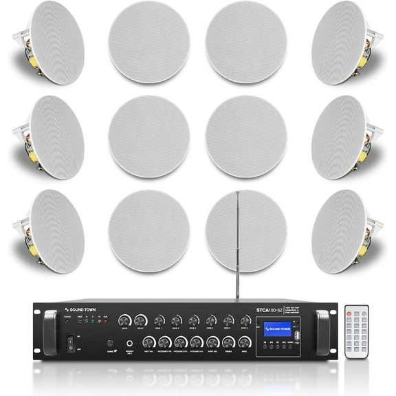 Sound Town Commercial Restaurant Bluetooth Amplifier + in-Ceiling Speaker Set, with One 6-Zone 70V/100V Amplifier with Bluetooth, 12 x Two-Way 6.5-Inch in-Ceiling Speakers, White (STCA180X12CS6N)