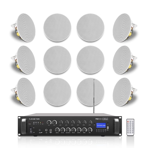 Sound Town Commercial Restaurant Bluetooth Amplifier + in-Ceiling Speaker Set, with One 6-Zone 70V/100V Amplifier with Bluetooth, 12 x Two-Way 6.5-Inch in-Ceiling Speakers, White (PAC180X12CS6N)