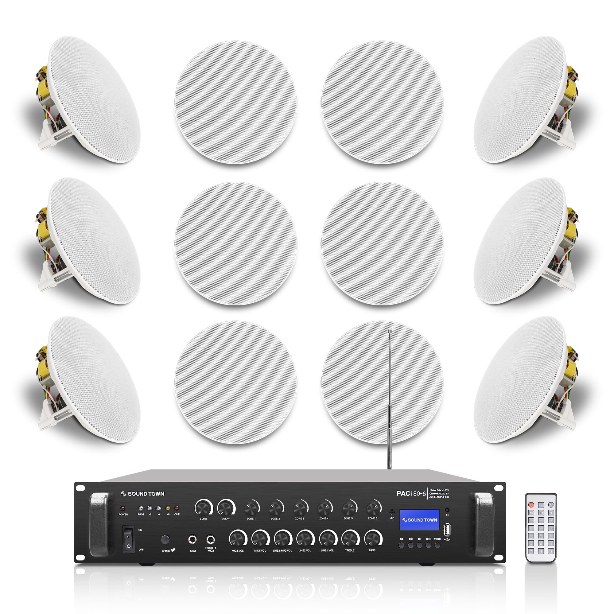 Sound Town Commercial Restaurant Bluetooth Amplifier + in-Ceiling Speaker Set, with One 6-Zone 70V/100V Amplifier with Bluetooth, 12 x Two-Way 8-Inch in-Ceiling Speakers, White (PAC180X12CS8N)