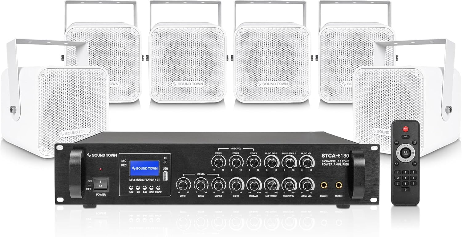 Sound Town Commercial Sound System Set with 3-Zone Low-Impedance ...