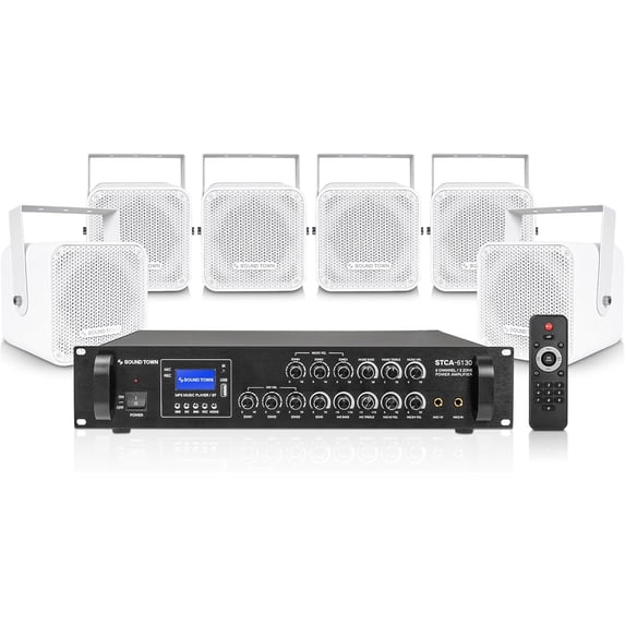 Sound Town Commercial Sound System Set with 3-Zone Low-Impedance Bluetooth Amplifier, 6 x 5 Coaxial Wall-Mount Speakers for Indoor Installation, White (STCA6130X6CM5W)