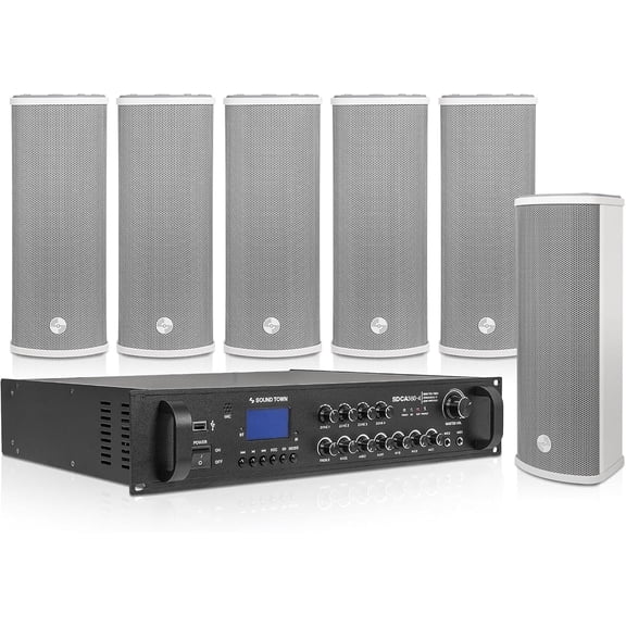 Sound Town Commercial Sound System Set with 3-Zone Low-Impedance Bluetooth Amplifier, 6 x Dual 5" Weatherproof Column Array Speakers for Outdoor Installation, Gray (STCA6130X6CL25G)