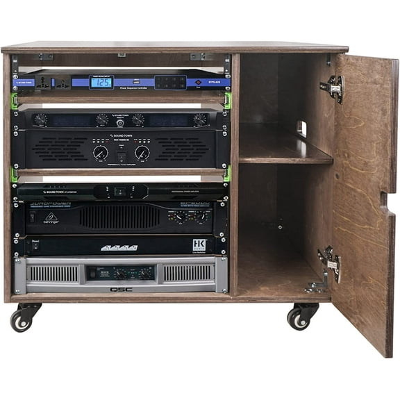 Sound Town DIY 11U Plywood Studio Rack with Slide-Out Trays, Cabinet, Casters, Weathered Gray, for Recording Room, Home Studio (SDRK-CR11B)