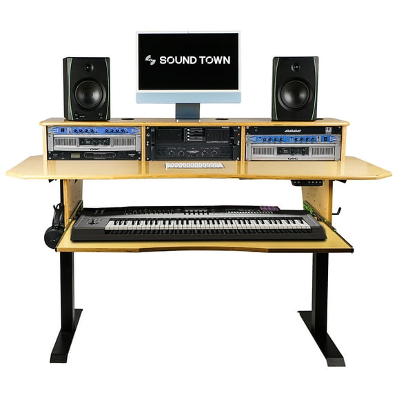 Sound Town DIY Music Studio Desk Workstation Furniture, Electric Height Adjustable, 3x4U Rack Space & Top Shelf, Sliding Piano Keyboard Tray, All Plywood, Golden Oak, (SDRK-SD1)
