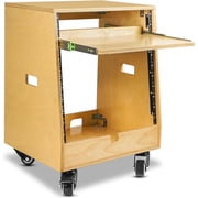Sound Town DIY Slanted 10U Studio Rack 2U Top + 8U Lower, with 2U Bottom Storage, Slide-Out Tray, Caster, Plywood, Golden Oak For Recording Room, Home Studio SDRK-ST10T