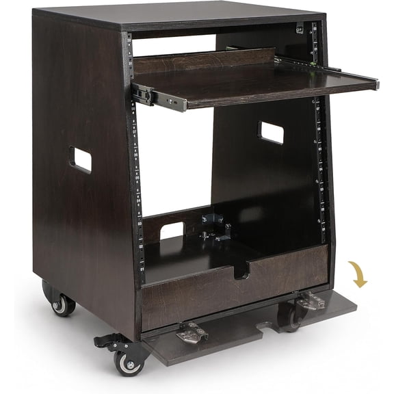 Sound Town DIY Slanted 10U Studio Rack (2U Top + 8U Lower) with 2U Bottom Storage, Slide-Out Tray, Casters, for Home Studio and Recording Room, Birch Plywood, Black Espresso (SDRK-ST10TD)