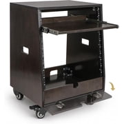 Sound Town DIY Slanted 10U Studio Rack 2U Top + 8U Lower with 2U Bottom Storage, Slide-Out Tray, Casters, for Home Studio and Recording Room, Birch Plywood, Black Espresso SDRK-ST10TD
