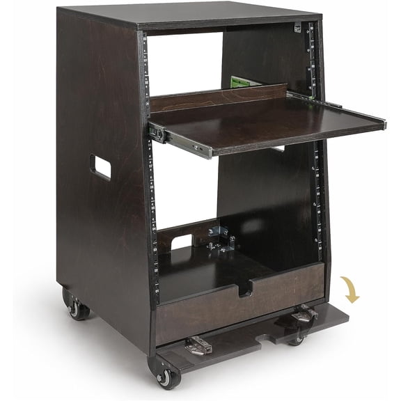 Sound Town DIY Slanted 12U Studio Rack (4U Top + 8U Lower) with 2U Bottom Storage, Slide-Out Tray, Casters, for Home Studio and Recording Room, Birch Plywood, Black Espresso (SDRK-ST12TD)